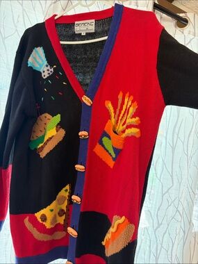 1980s Berek 2 Home Shopping Network Colorblock Fast Food Cardigan - Red & Black